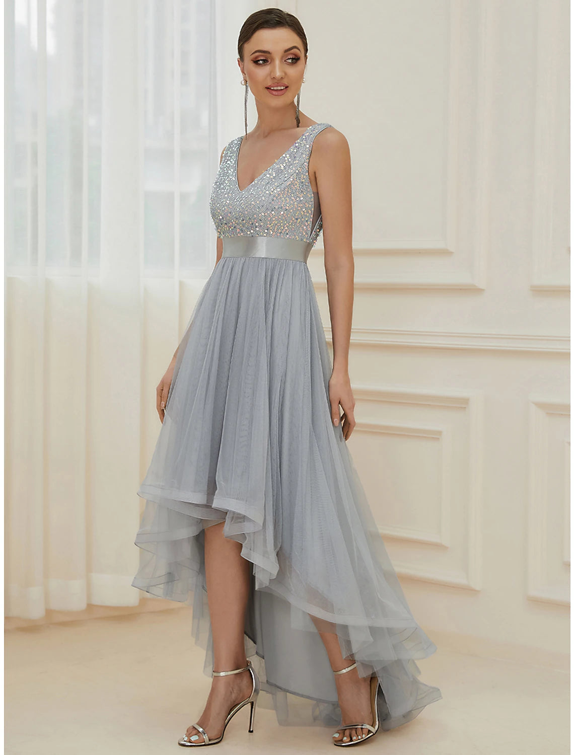 Luolandi A-Line Bridesmaid Dress V Neck Sleeveless Elegant Asymmetrical Sequined with Sequin